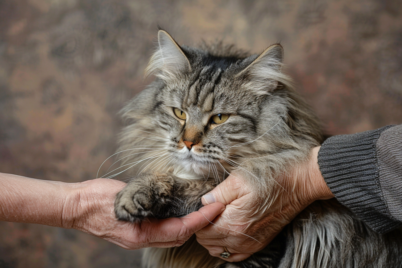 Cat in show cage exposed to lights, noise and crowded exhibition hall