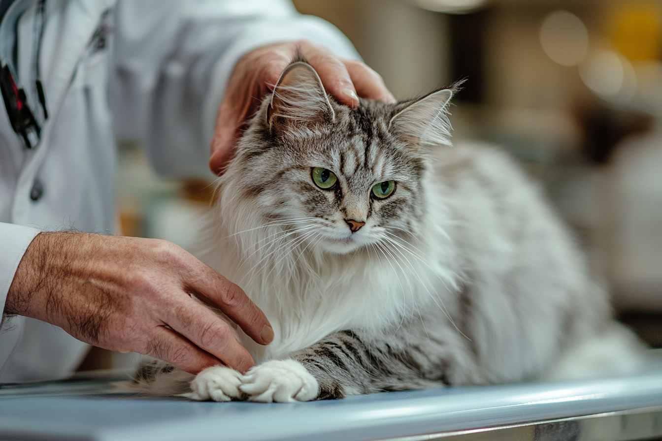 Judge assessing structure and condition of a cat during hands-on evaluation