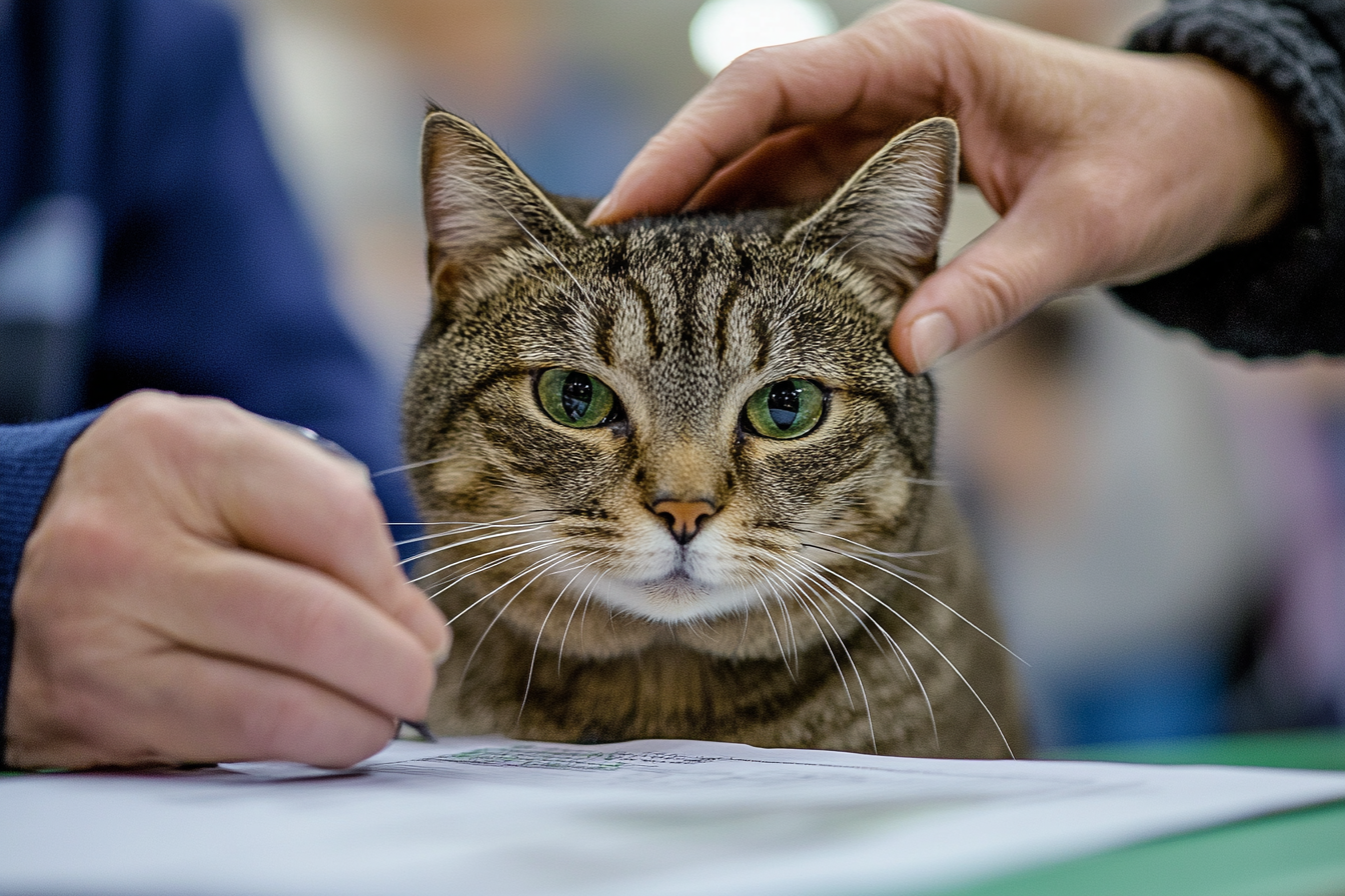 Judges evaluating a cat during Novice Class assessment with official documentation
