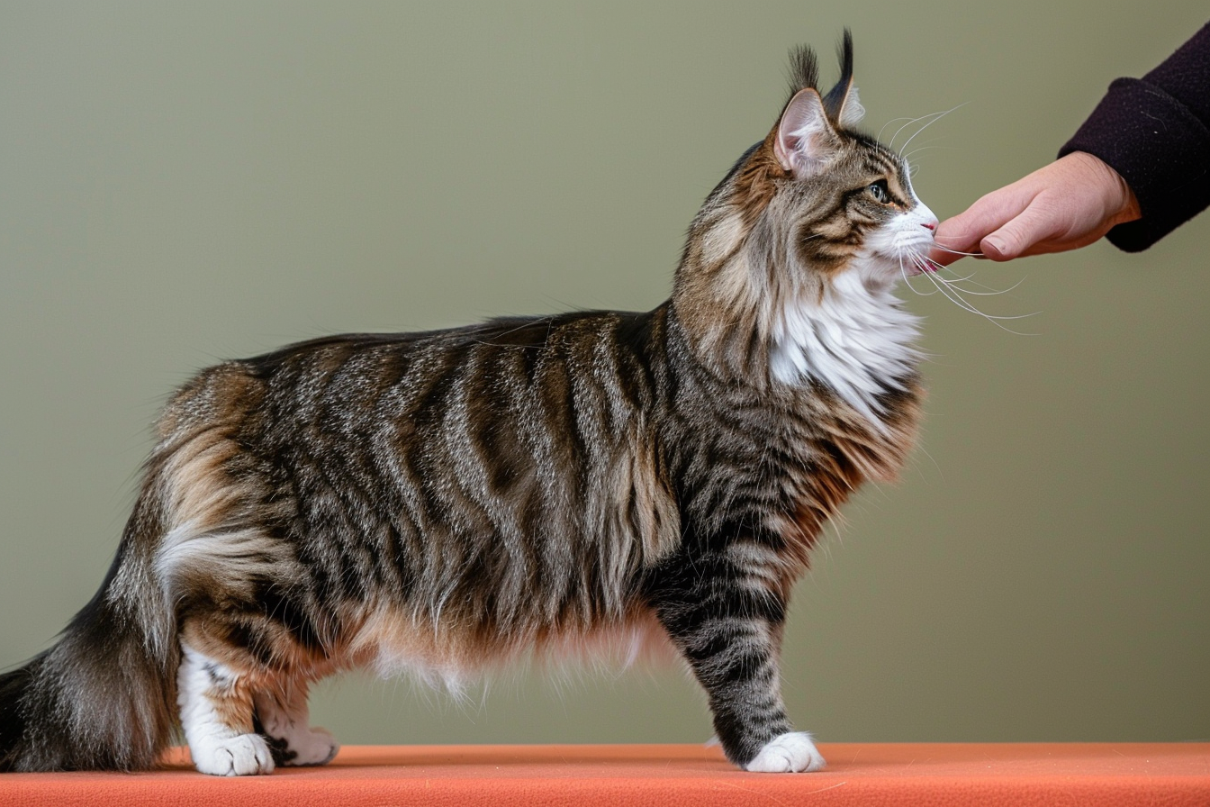 Side profile of a long-haired pedigree cat demonstrating body proportion and structural balance.