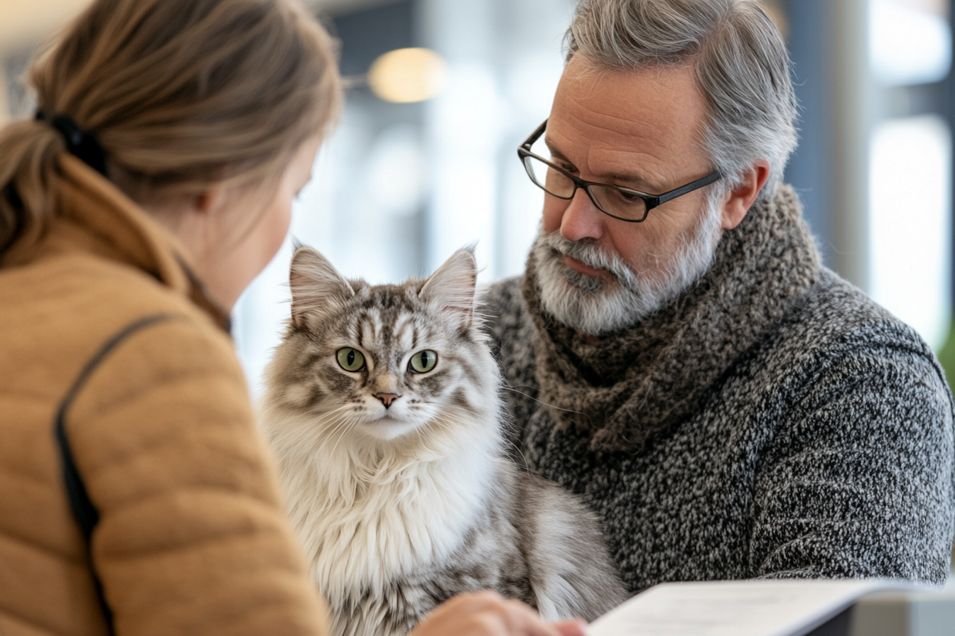 Judge explaining evaluation results to exhibitor during cat show assessment