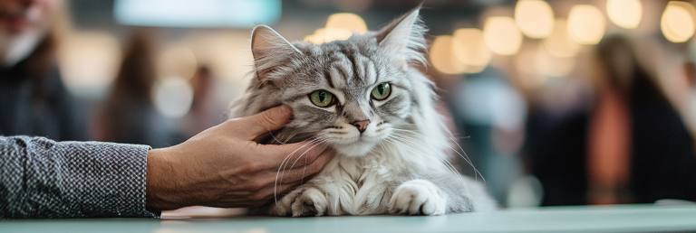 Judge gently examining a long-haired silver cat on the judging table at a cat show