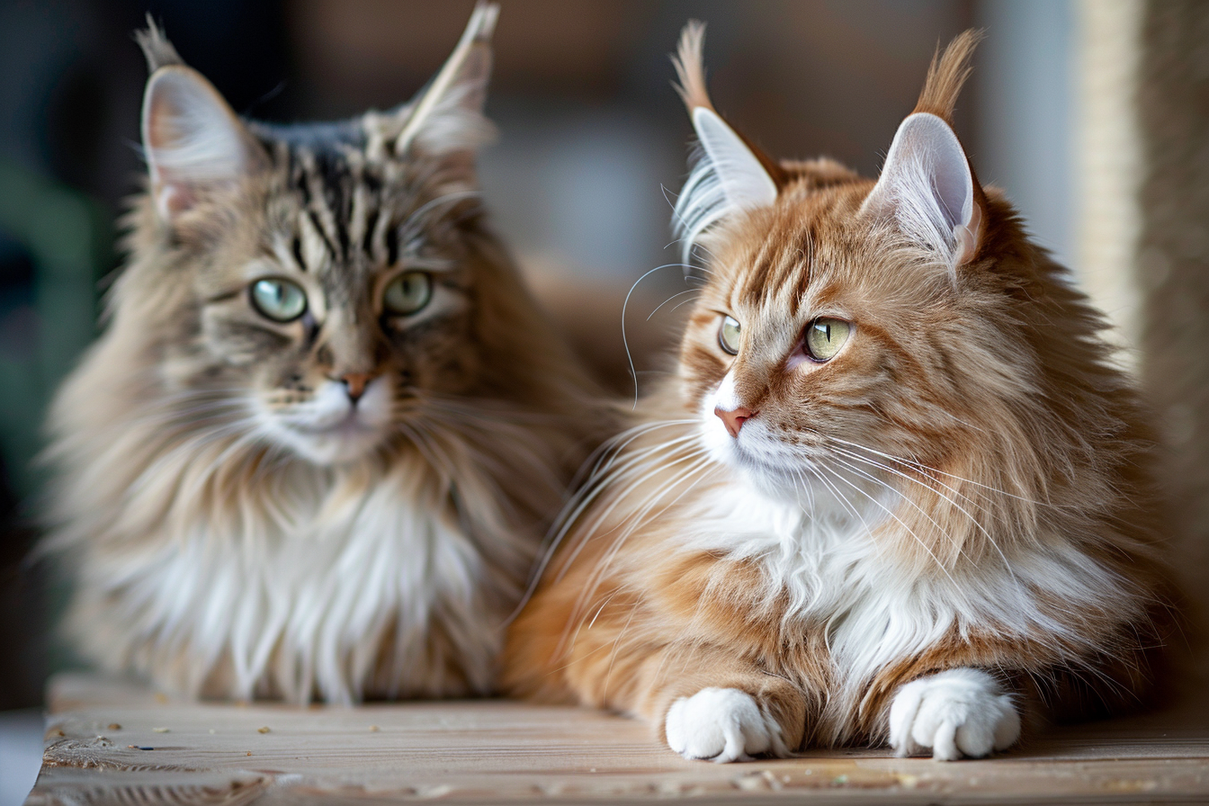 Two long-haired pedigree cats illustrating variation in expression and type within the same breed context.