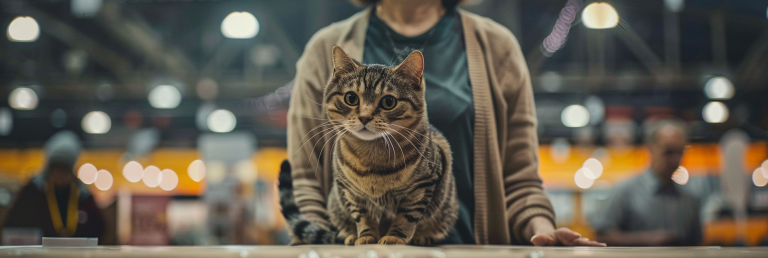 Cat presented on a judging table during a cat show with the exhibitor standing behind.