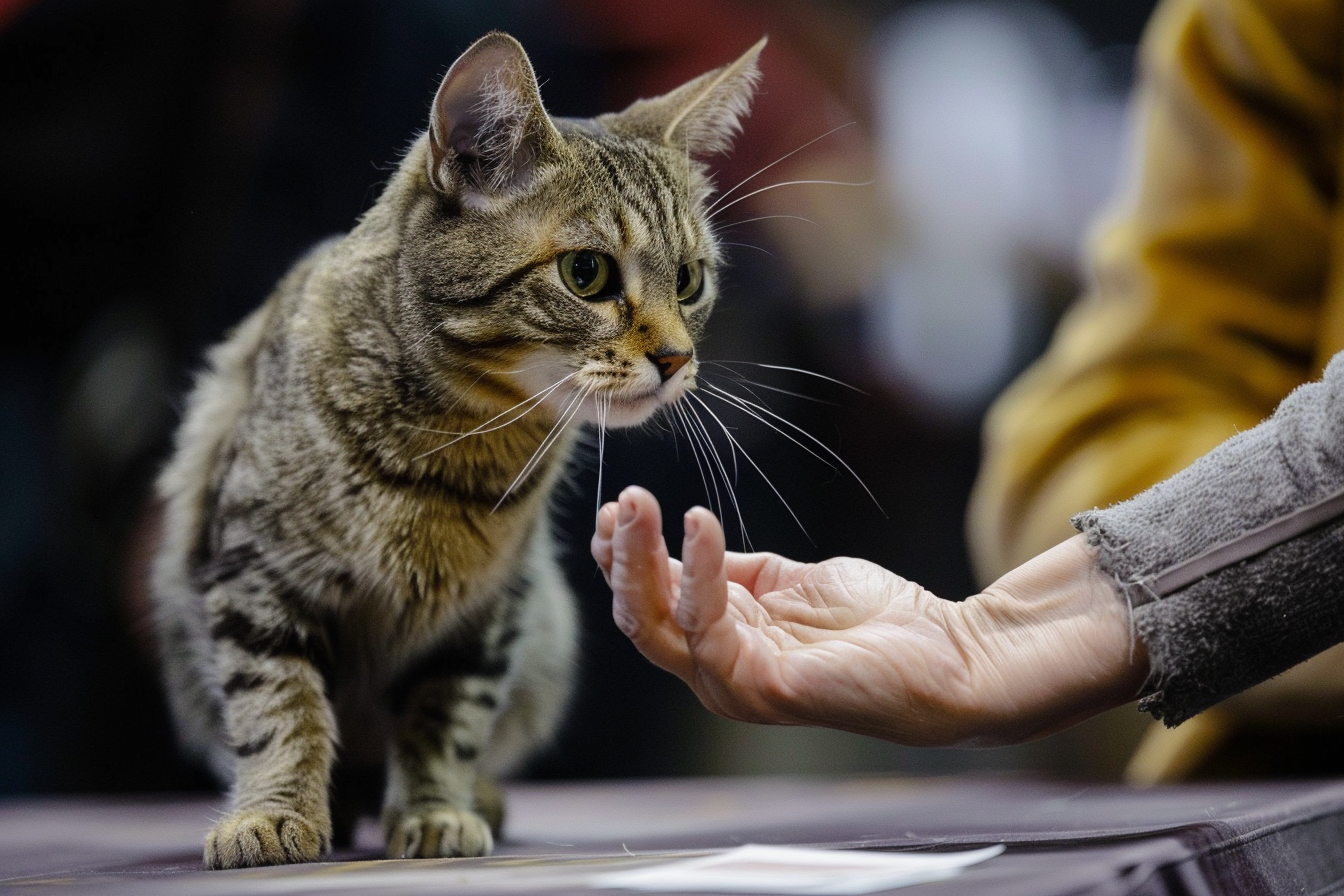 cat being judged on table judge hand evaluation cat show process