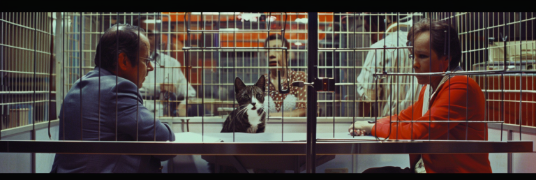 Judge and exhibitor facing each other across a table with a cat between them during a show evaluation.