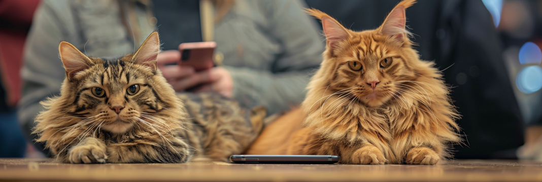 Two pedigree cats at a show table with people in the background, illustrating the influence of visibility and trends in modern breeding