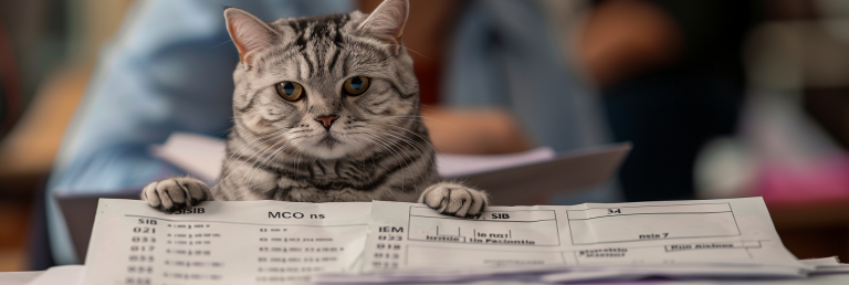 Silver tabby cat reviewing EMS code sheets, illustrating practical mistakes in EMS coding