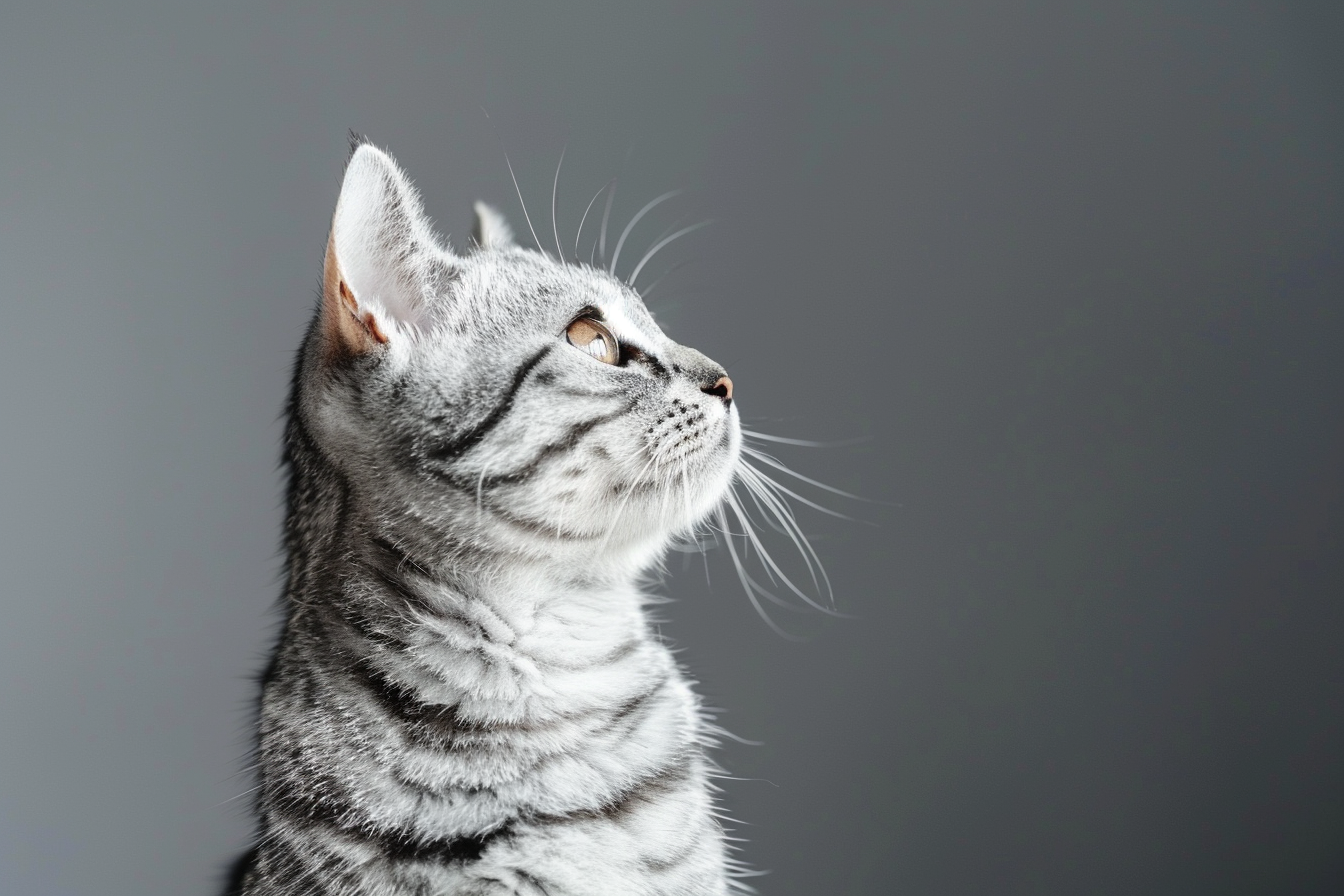 Silver tabby cat in profile against a neutral background, representing phenotype-based evaluation in EMS coding